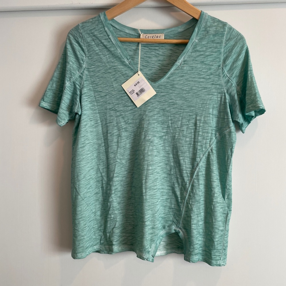 NWT Cotelac‎ Menthe T Shirt V Neck Short Sleeve Textured Knit